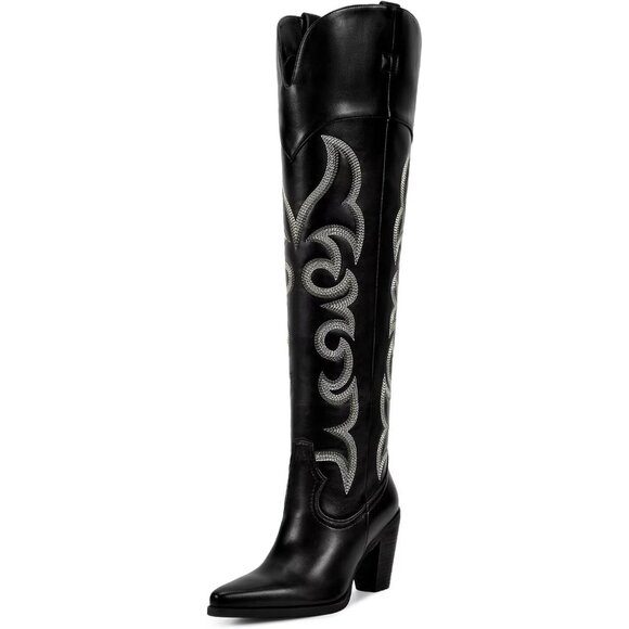 Women Over Knee Black Faux Leather Pull On Tab Chunky Heel Pointed Toe Boots - Picture 1 of 7